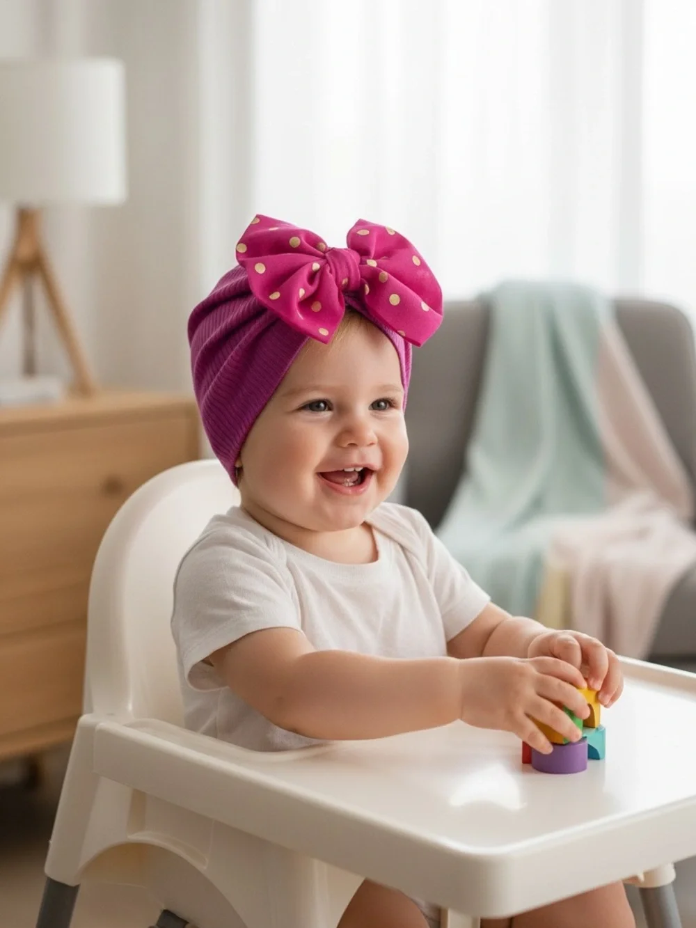 Magenta Pink Ribbed Baby Turban Gold Polka Dot Bow Headband